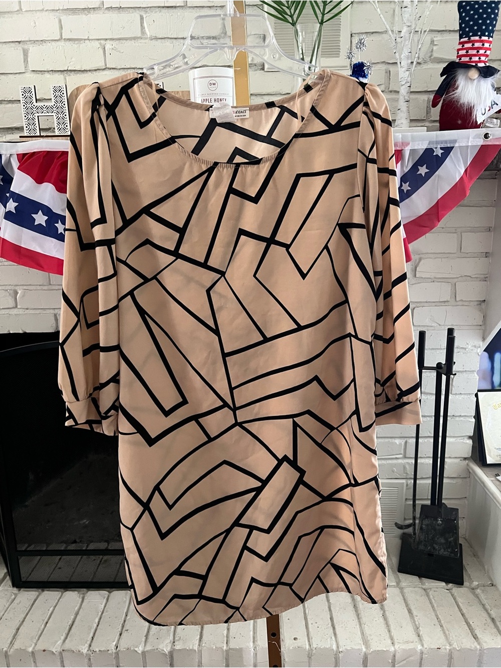 a'gaci Beige Shift Dress with Black Geometric Print